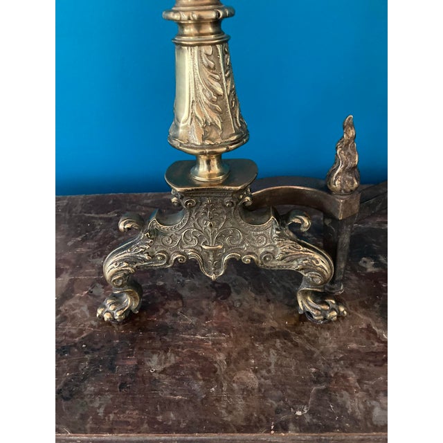 Antique Pair French Neoclassical Brass Andirons — Fluted Column, Lion Paw Feet For Sale - Image 11 of 12