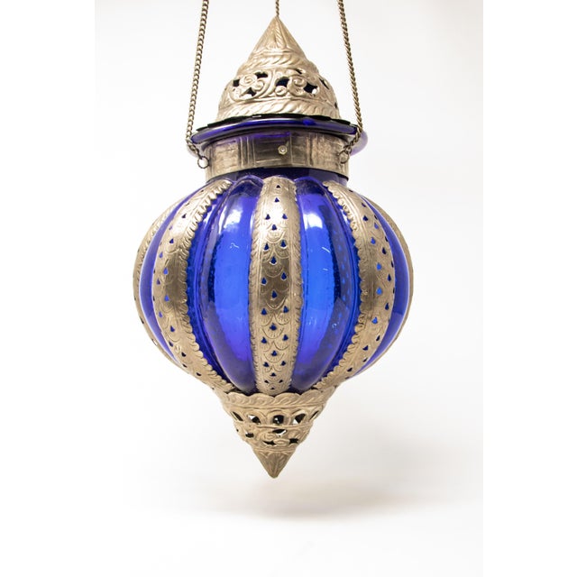 Mid-Century Pewter Moroccan Lantern with Blue Glass For Sale In Nashville - Image 6 of 13