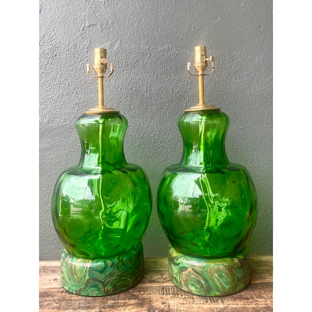 Mid-Century Modern Vintage Hand Painted Malachite Plinth Glass Lamps - A Pair For Sale - Image 3 of 12
