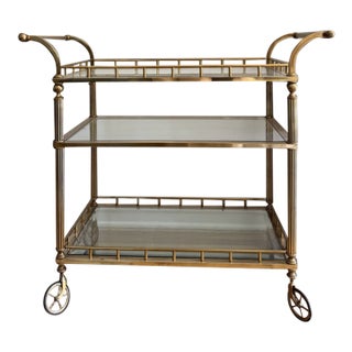 Late 20th Century Three Tier Brass Bar Cart on Casters, Regency Style For Sale