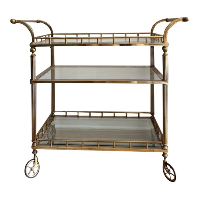 Late 20th Century Three Tier Brass Bar Cart on Casters, Regency Style For Sale