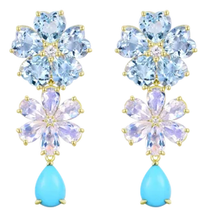 Nina Zhou 8.48ctw Island Blossoms Aquamarine Moonstone Diamond Turquoise Convertible Drop Earrings