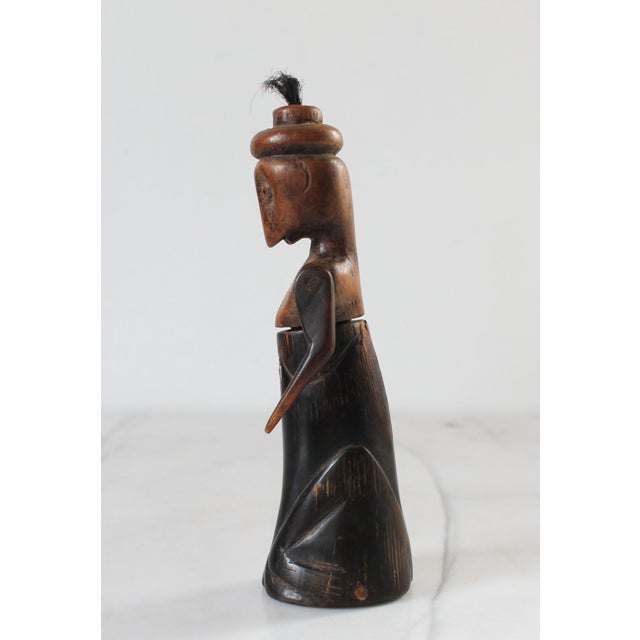 Vintage African Folk Art Sculpture or Doll Carved From Wood and Dark Horn For Sale In Milwaukee - Image 6 of 14