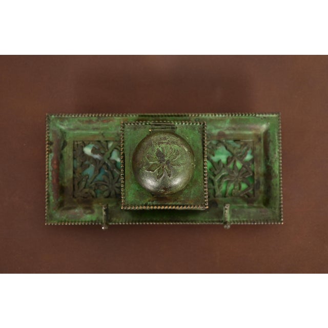 Metal Apollo Studios New York Arts & Crafts Grapevine Pattern Bronze and Slag Glass Inkwell With Pen Holder For Sale - Image 7 of 14