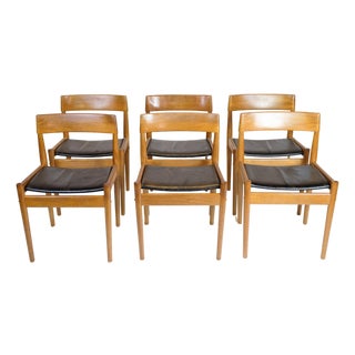 Model P H 3-2 Chairs in Teak with Black Leather Seats by Grete Jalk, 1960s, Set of 6 For Sale