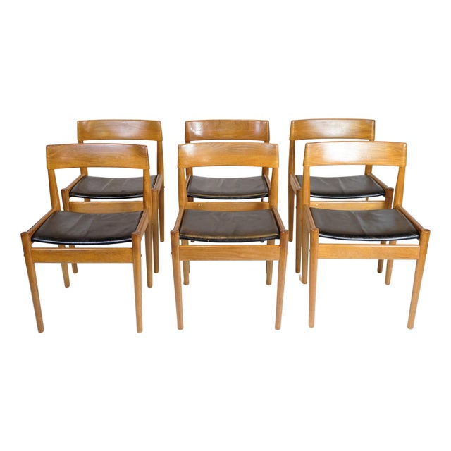 Model P H 3-2 Chairs in Teak with Black Leather Seats by Grete Jalk, 1960s, Set of 6 For Sale