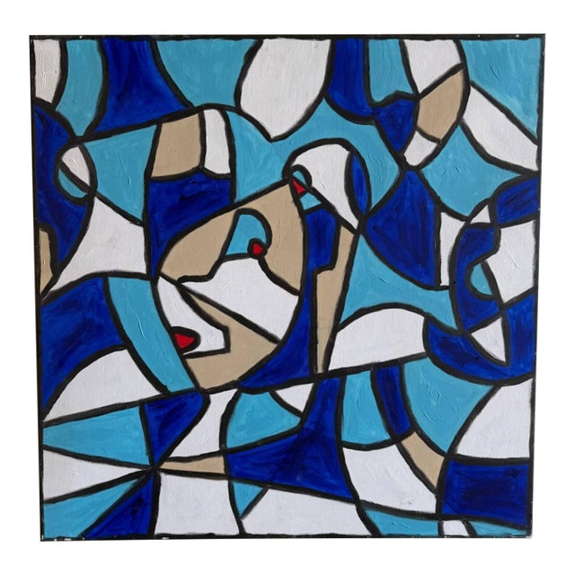 Abstract Blue & White Geometric Painting by Gavin Mc Groggan – Contemporary Modern Art For Sale