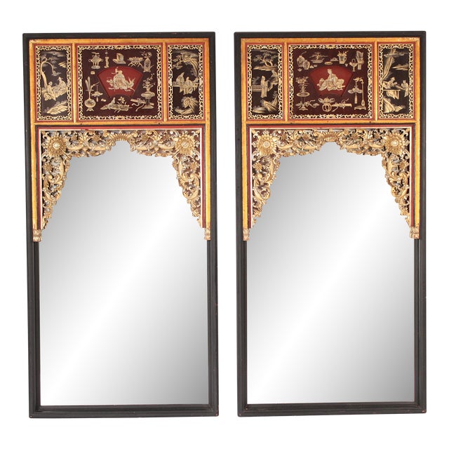 Pair of Chinese Style Painted and Gilt Decorated Mirrors For Sale