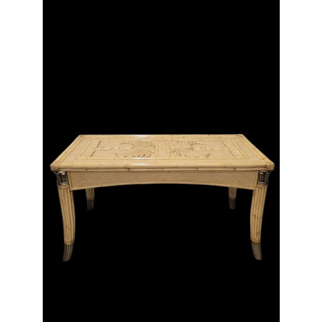 Wood Vintage Coastal Regency Double Palm Tree Carved Wicker Bamboo Desk Dining Table For Sale - Image 7 of 9