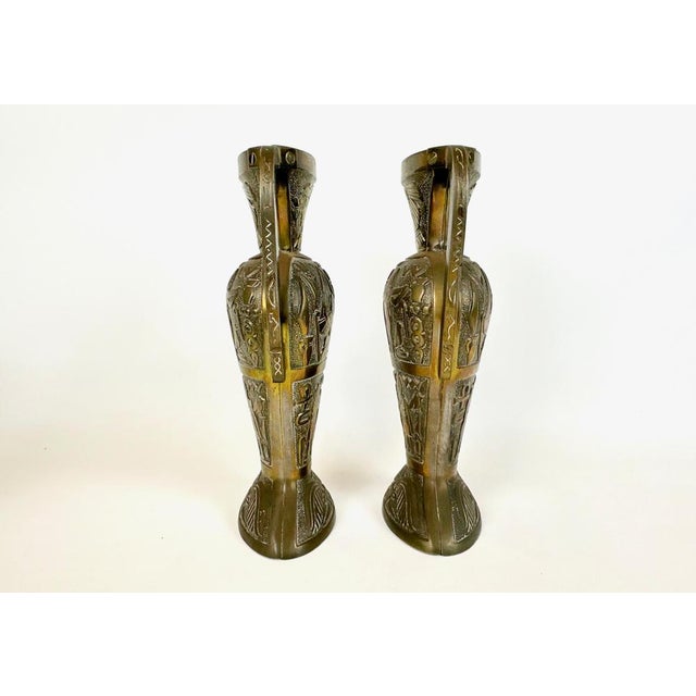 Goldenrod Egiptian Scenes Galvanized Metal Vases, 1900s, Set of 2 For Sale - Image 8 of 15
