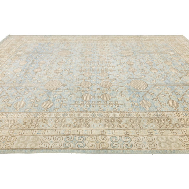 Modern Khotan Style Pomegranate Tree Rug – Sky Blue & Ivory Hand-Knotted Wool For Sale - Image 9 of 11