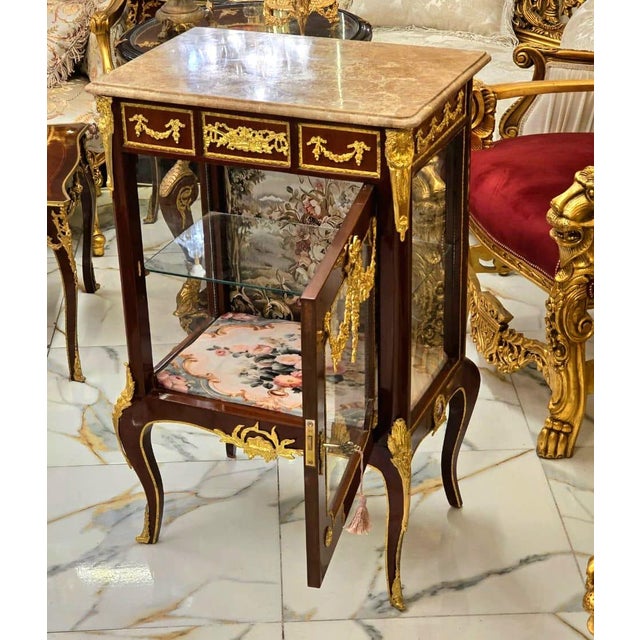 Louis XV Marquetry Cabinet With Floral Damask Interior & Marble Top For Sale - Image 4 of 9
