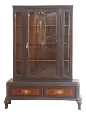 Antique Display Cabinet with Inlays and Cut Glass, 1930s