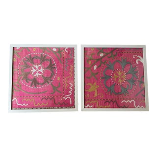 Exquisite Pair of Hand-Embroidered Antique Silk Suzani Framed Silk-on-Silk For Sale