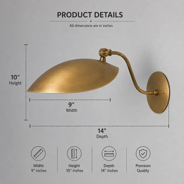 Brass Adjustable Arm Wall Light, Bedroom Reading Light, Handcrafted Solid Brass Wall Sconce With Curved Arm and Wide Dome Shade For Sale - Image 8 of 9