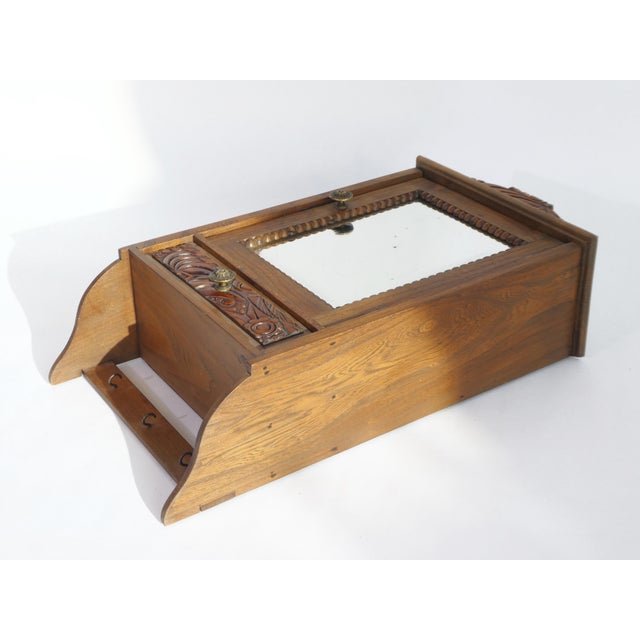 Wood Small Wooden Apothecary Wall Cabinet with Mirror, Carved Floral Details and Drawer, 1940s For Sale - Image 7 of 11