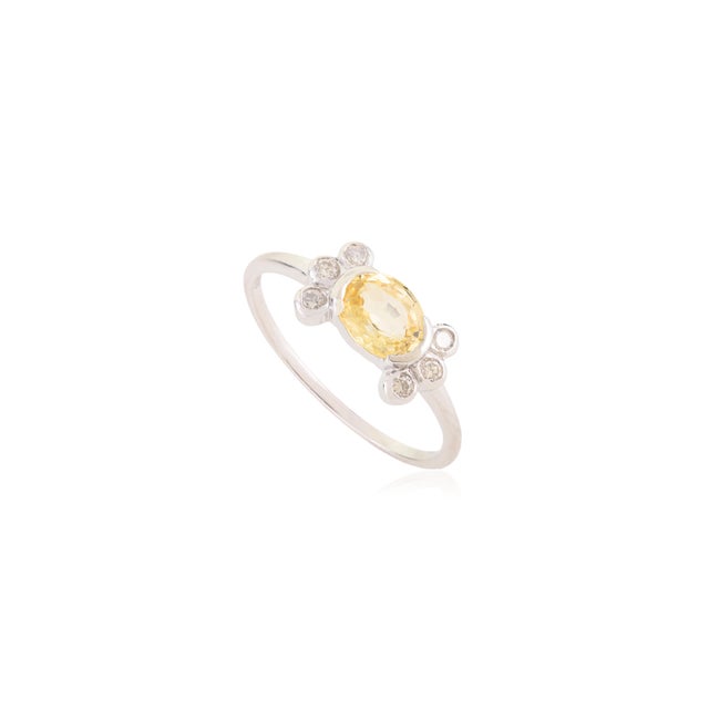 14k Gold Natural Oval Yellow Sapphire Diamond Floral Motif Cluster Ring Size 7 For Sale - Image 4 of 15