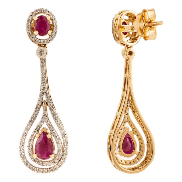 Mid 20s Style Red Ruby Drop & Dangle Earrings With Natural Diamonds in 18k Gold- A Pair For Sale