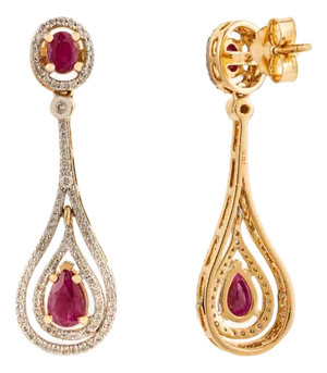 Mid 20s Style Red Ruby Drop & Dangle Earrings With Natural Diamonds in 18k Gold- A Pair
