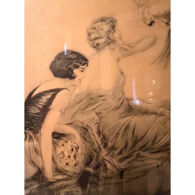 1920s 1920s Art Deco Pencil Signed Print Pets Two Flapper Ladies With Cockatoos by Coti Original Gilt Wood Frame For Sale - Image 5 of 12