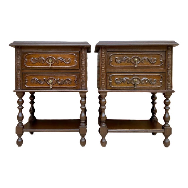French Nightstands in Carved Walnut Two Drawers and Shelf, Set of 2 For Sale