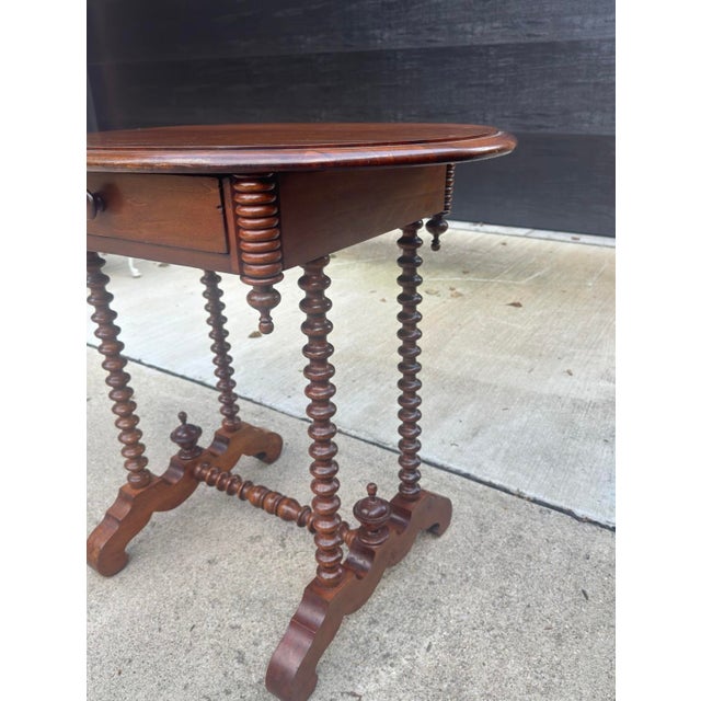 Victorian Antique Walnut Wood Spindle Leg Side Table Pass Through Drawer For Sale - Image 3 of 7