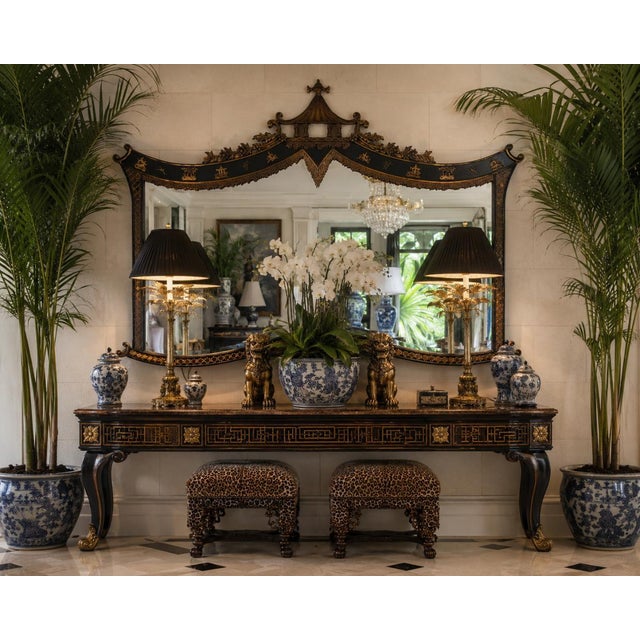 An exceptional vintage Palm Beach Chinoiserie overmantel wall mirror featuring an elegant pagoda-inspired crest with...