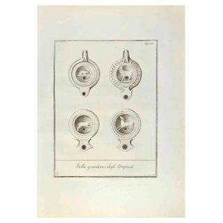 Fernando Strina, Pompeian Style Oil Lamps with Anima, Etching, 18th Century For Sale
