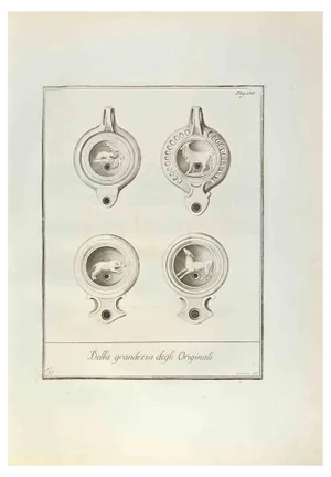 Fernando Strina, Pompeian Style Oil Lamps with Anima, Etching, 18th Century