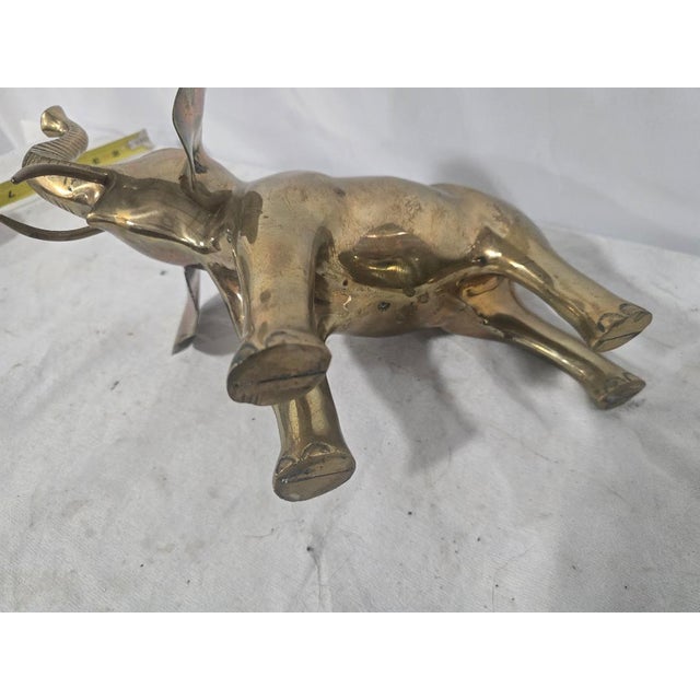 Vintage Large Brass Elephant Sculpture With Raised Trunk For Sale - Image 4 of 5