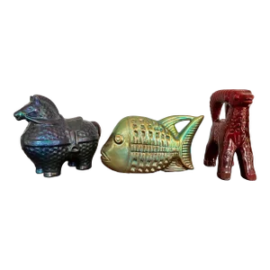 Trio of Vintage Judit Nador Zsolnay Eosine Sculptures - a Horse, Fish and a Ram
