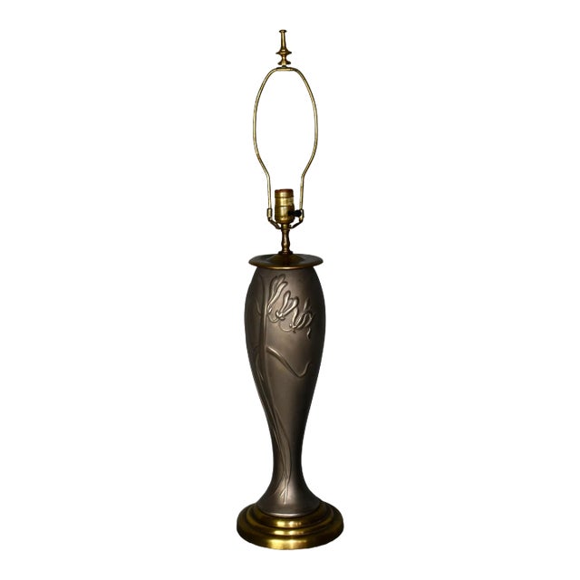 Vintage Art Nouveau Style Pewter Color & Brass Metal Table Lamp For Sale