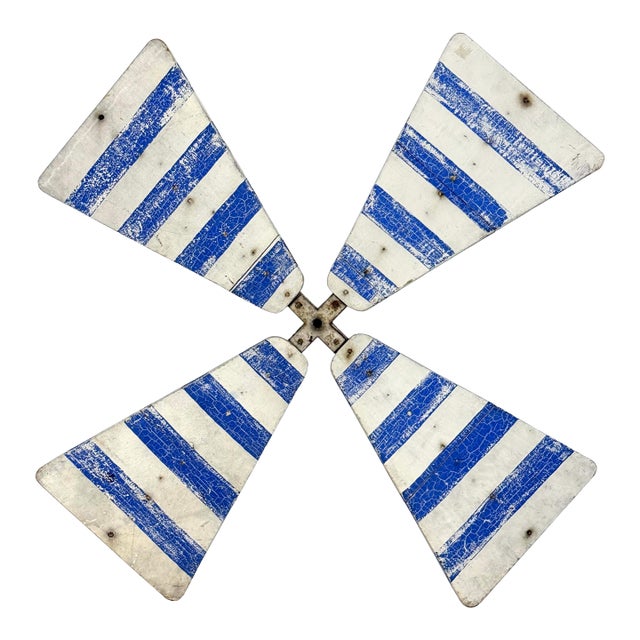 Vintage 1950s Primitive Wooden Windmill Fan Blade Distressed Painted White & Blue Striped Wood For Sale