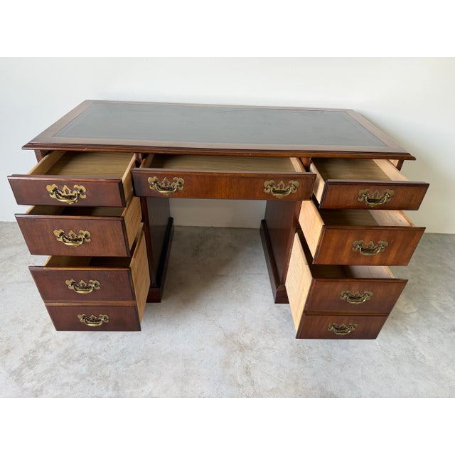 1970s Vintage Campaign Chippendale-Style Mahogany & Tooled Leather Top Partners Desk For Sale - Image 4 of 13