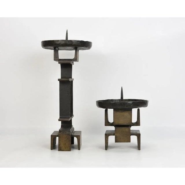Mid-Century Modern Signed Late 20th Century Heavy Iron Modernist Blacksmith Signed Pricket Candlesticks- Set of 2 For Sale - Image 3 of 9