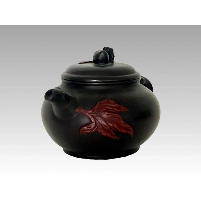 Mid 20th Century Lucky Peach Yixing Zisha Chinese Unglazed Red Leaf Tea Pot With Twig Handle on Carved Wood Stand For Sale In Tampa - Image 6 of 10