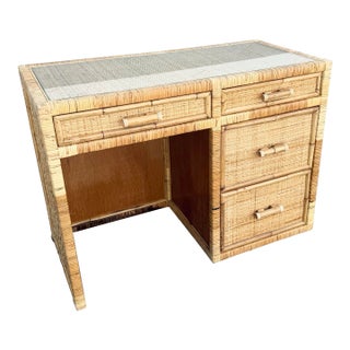 Boho Chic Wicker Inlaid Glass Top Writing Desk For Sale
