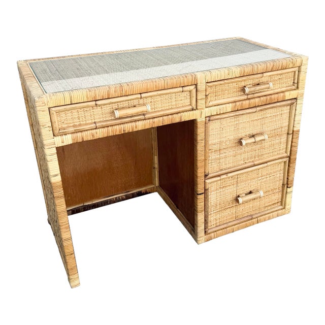 Boho Chic Wicker Inlaid Glass Top Writing Desk For Sale