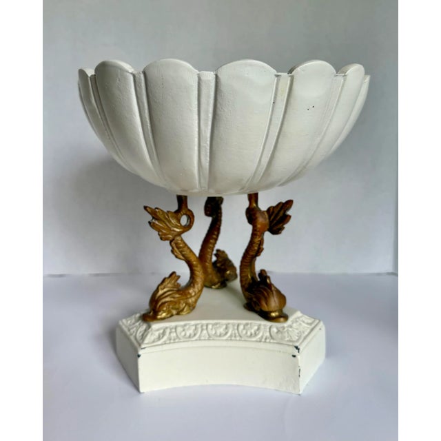 Metal 1960s Hollywood Regency Dolphin Pedestal Seashell Centerpiece Bowl For Sale - Image 7 of 12