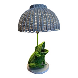 Vintage Wicker Rattan Frog White and Green Table Lamp For Sale