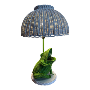Vintage Wicker Rattan Frog White and Green Table Lamp
