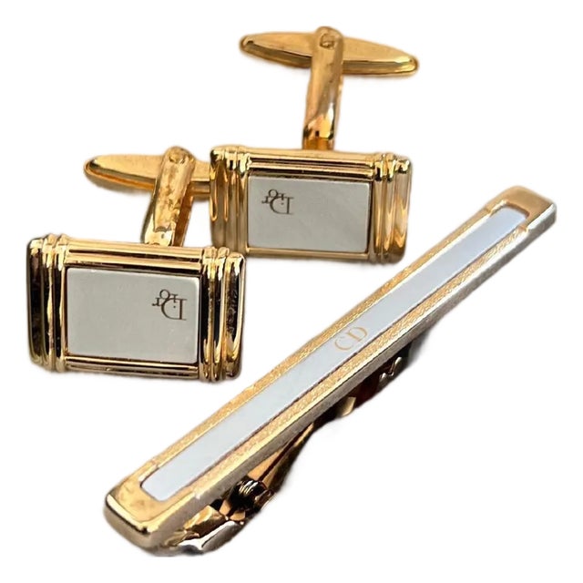 Rare Vintage Christian Dior Gold Plate Cufflinks & Tie Clip Original Case For Sale