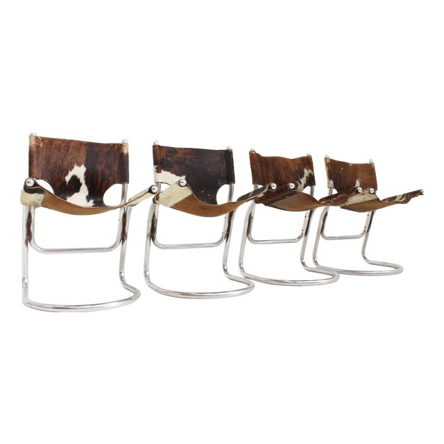 Vintage Dining Room Chairs in Chrome and Cowhide from Parravicini Fratelli, 1970s, Set of 4 For Sale