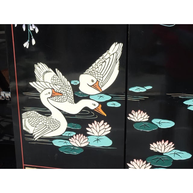 Wood Vintage Oriental Asian Blue Coromandel Four Panel Screen Room Divider W Swans #2 For Sale - Image 7 of 12