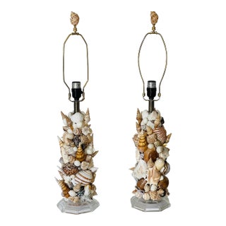 Gorgeous Sea Shell Encrusted Pair Lamps on Lucite Stands For Sale