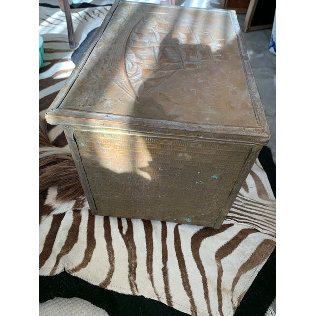 Wood Antique Brass Clad Nautical Wood Box Sailing Ships For Sale - Image 7 of 12