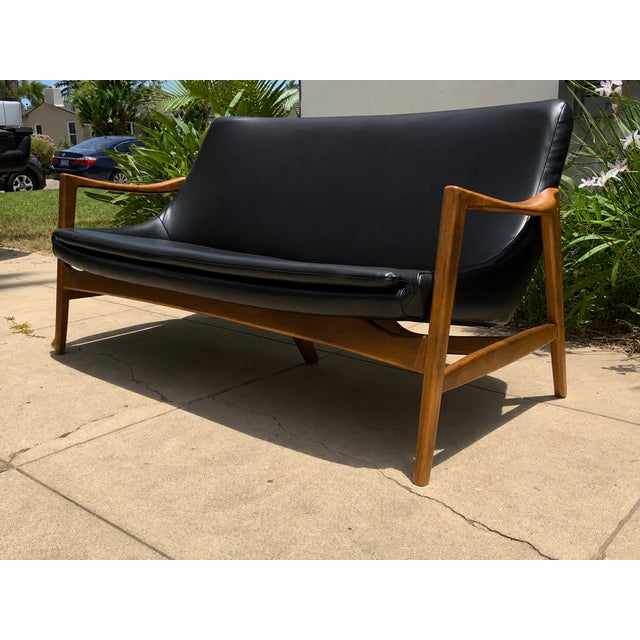 Mid-Century Modern Modern Mid Century Style Sofa Black Leather Walnut Frames For Sale - Image 3 of 3