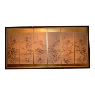 Early 20th Century Japanese Chinese Asian Calligraphy Hand Painted Six Panel Paper Screen Folding Byobu For Sale