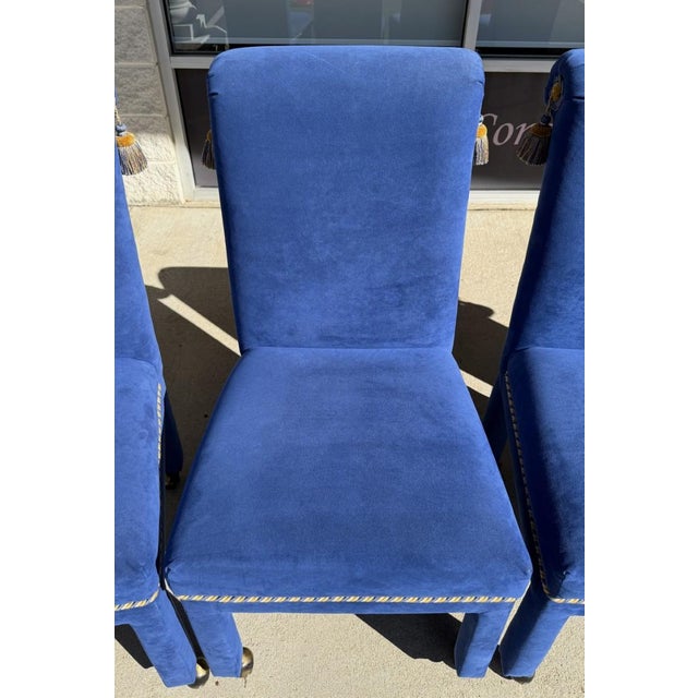 Glass Late 20th Century 5 Piece Dining Set With Round Glass Top Table and Royal Blue Chairs With Tassels For Sale - Image 7 of 18