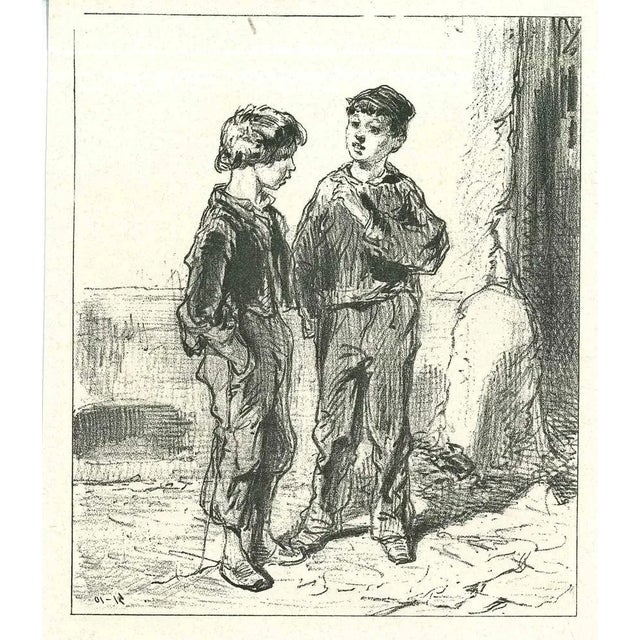 The conversation is an original lithograph artwork on ivory-colored paper, realized by the French draftsman Paul Gavarni...